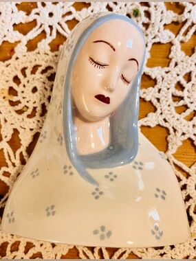 Vintage Ceramic Bust in Cream and Light Blue Marked “Sorrowful Madonna” 1950-60
